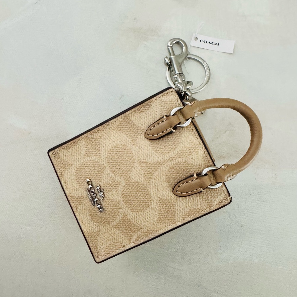 Coach North/South Mini Tote Bag Charm In Signature Canvas, Keychain Tan Brown
